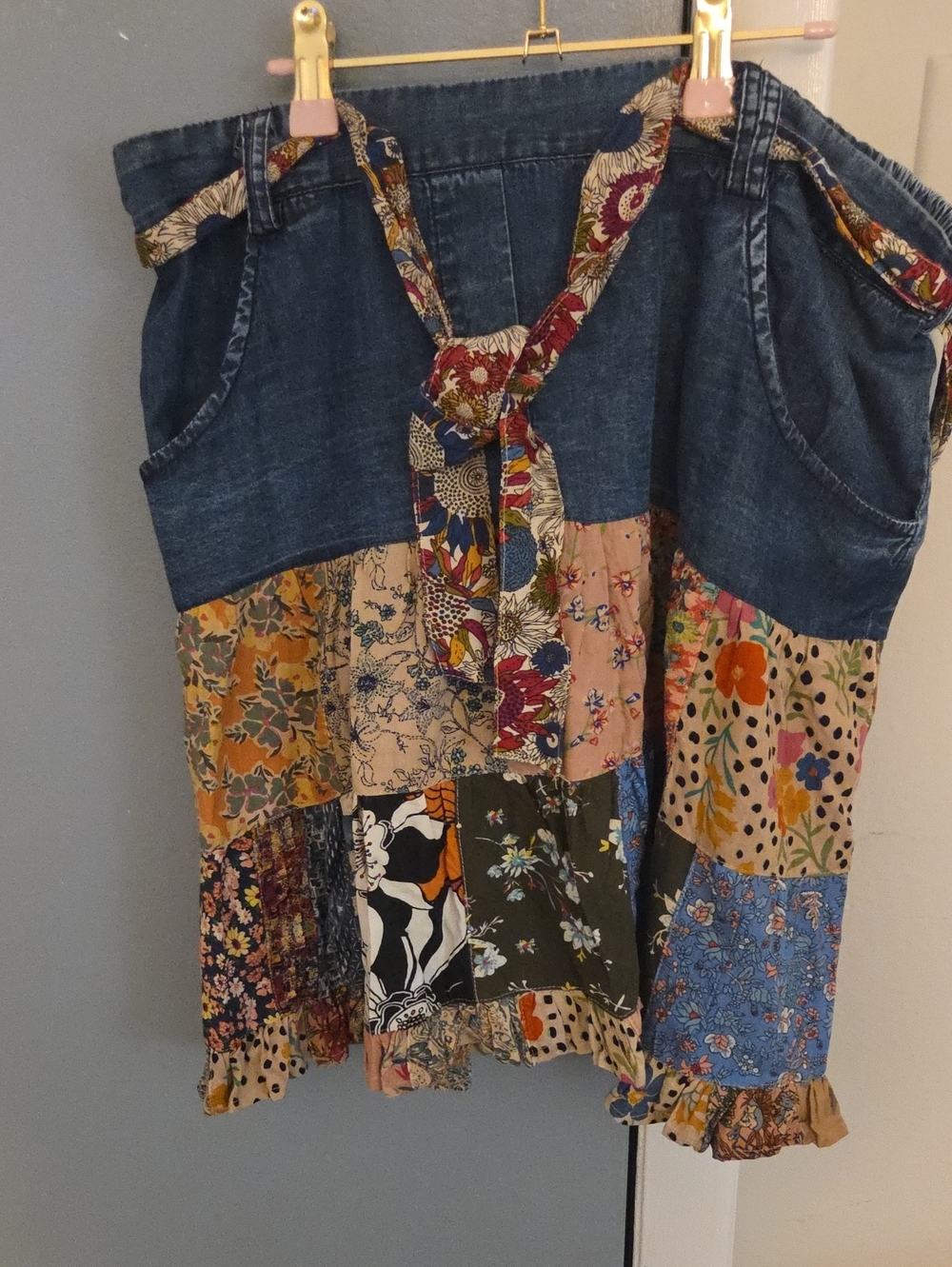 Patchwork Denim Mini Skirt with Floral Panels - Multicolor